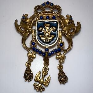 Florenza vintage gold tone Heraldic blue enamel crest figural charms brooch